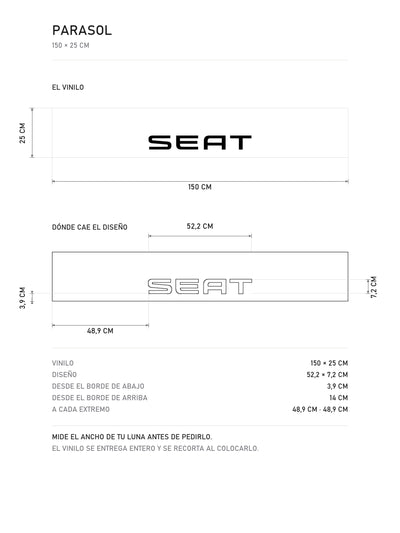 Lamina de medidas del parasol Seat · Logo Urbano Hispano: el vinilo de 150 x 25 cm, donde cae el diseño dentro de la tira y la tabla de medidas, de MOA-Grafics.