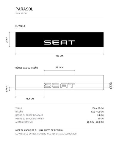 Lamina de medidas del parasol Seat · Logo Urbano Hispano: el vinilo de 150 x 25 cm, donde cae el diseño dentro de la tira y la tabla de medidas, de MOA-Grafics.