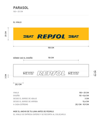 Lamina de medidas del parasol Seat Repsol · Triple Corona Rally 2L: el vinilo de 150 x 25 cm, donde cae el diseño dentro de la tira y la tabla de medidas, de MOA-Grafics.