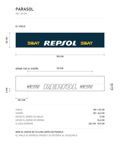 Lamina de medidas del parasol Seat Repsol · Triple Corona Rally 2L: el vinilo de 150 x 25 cm, donde cae el diseño dentro de la tira y la tabla de medidas, de MOA-Grafics.