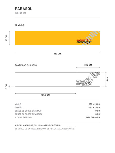 Lamina de medidas del parasol Seat Sport · Bandera a Cuadros: el vinilo de 150 x 25 cm, donde cae el diseño dentro de la tira y la tabla de medidas, de MOA-Grafics.