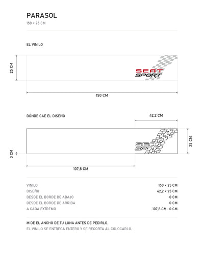 Lamina de medidas del parasol Seat Sport · Bandera a Cuadros: el vinilo de 150 x 25 cm, donde cae el diseño dentro de la tira y la tabla de medidas, de MOA-Grafics.
