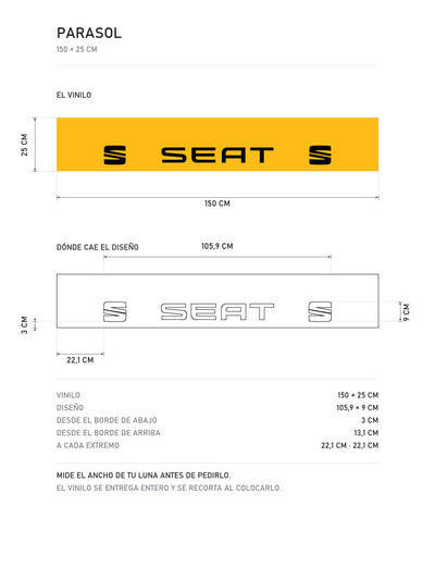 Lamina de medidas del parasol Seat · Monograma Corporativo: el vinilo de 150 x 25 cm, donde cae el diseño dentro de la tira y la tabla de medidas, de MOA-Grafics.