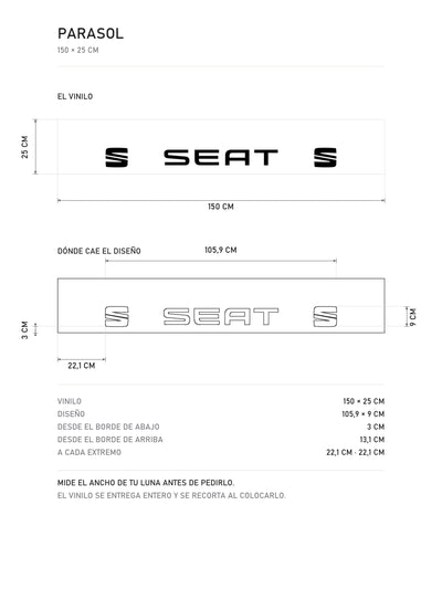 Lamina de medidas del parasol Seat · Monograma Corporativo: el vinilo de 150 x 25 cm, donde cae el diseño dentro de la tira y la tabla de medidas, de MOA-Grafics.