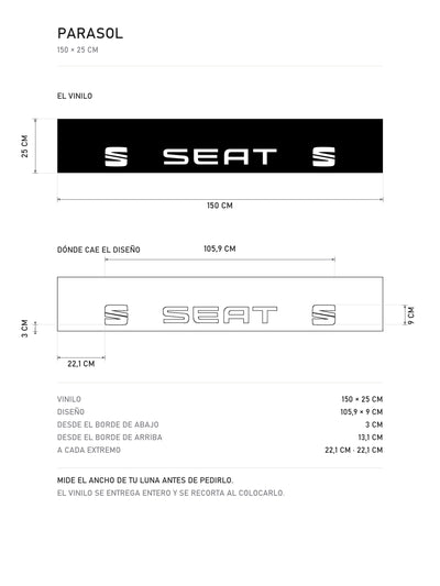 Lamina de medidas del parasol Seat · Monograma Corporativo: el vinilo de 150 x 25 cm, donde cae el diseño dentro de la tira y la tabla de medidas, de MOA-Grafics.