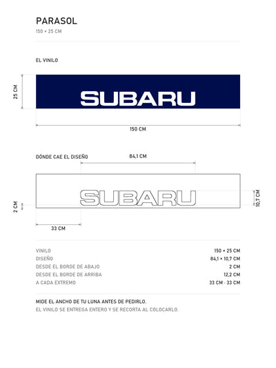 Lamina de medidas del parasol Subaru azul con el lettering SUBARU en blanco: el vinilo de 150 x 25 cm, donde cae el diseño dentro de la tira y la tabla de medidas, de MOA-Grafics.