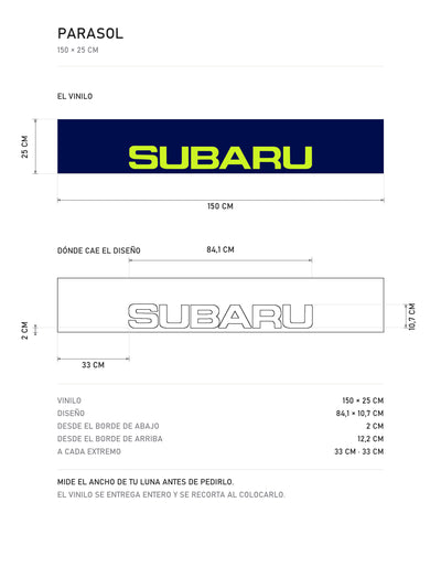 Lamina de medidas del parasol Subaru azul con el lettering SUBARU en verde lima: el vinilo de 150 x 25 cm, donde cae el diseño dentro de la tira y la tabla de medidas, de MOA-Grafics.