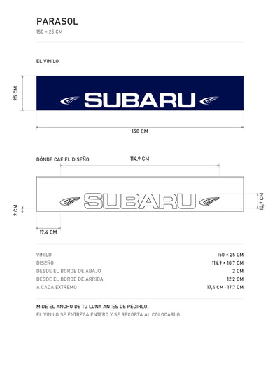 Lamina de medidas del parasol Subaru azul con el lettering en blanco y la estela de las Pleyades a cada lado: el vinilo de 150 x 25 cm, donde cae el diseño dentro de la tira y la tabla de medidas, de MOA-Grafics.