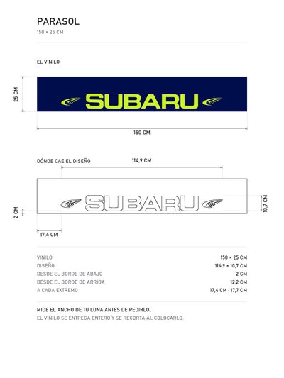 Lamina de medidas del parasol Subaru azul con el lettering en verde lima y la estela de las Pleyades a cada lado: el vinilo de 150 x 25 cm, donde cae el diseño dentro de la tira y la tabla de medidas, de MOA-Grafics.