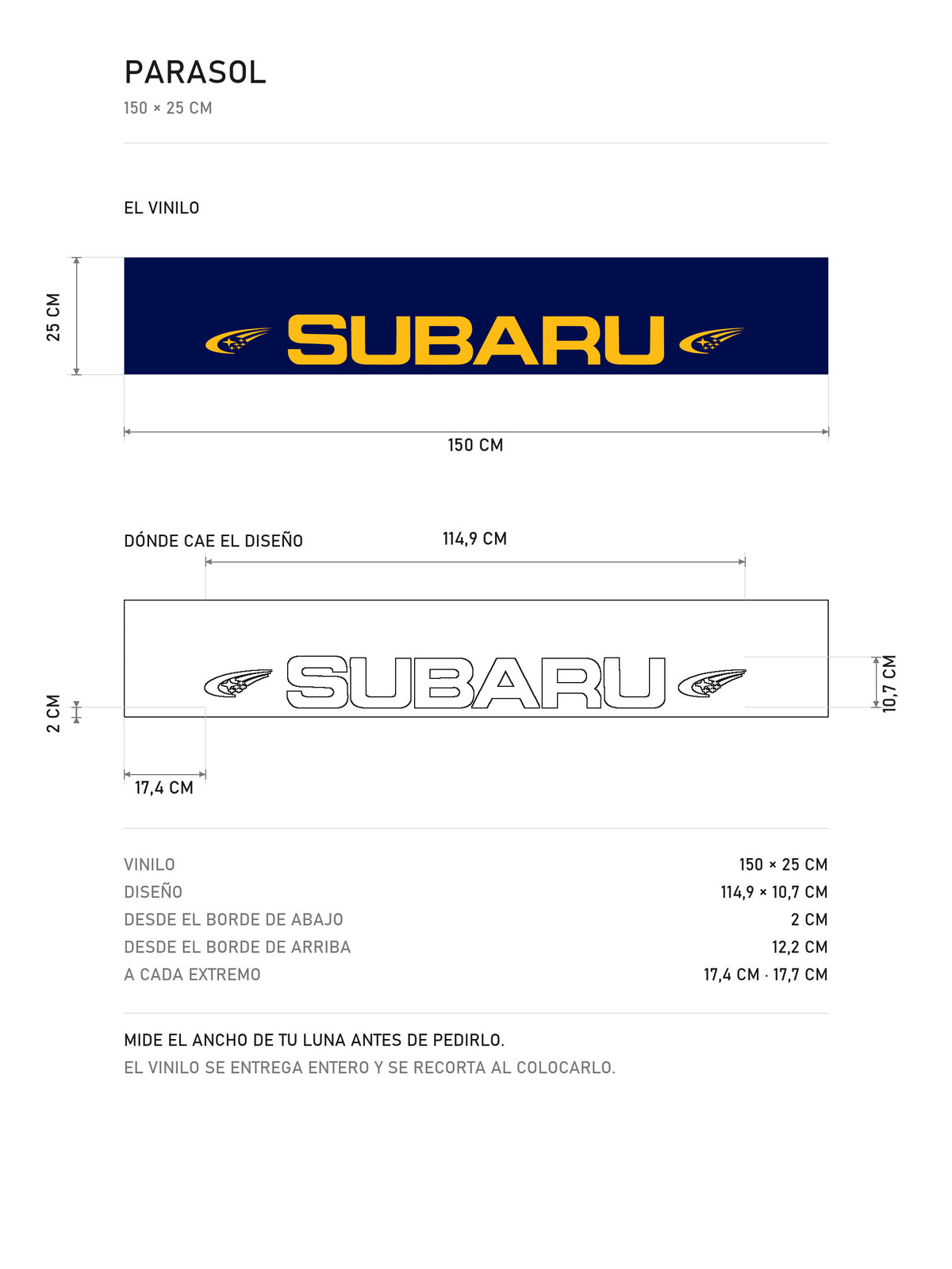 Lamina de medidas del parasol Subaru azul con el lettering en naranja y la estela de las Pleyades a cada lado: el vinilo de 150 x 25 cm, donde cae el diseño dentro de la tira y la tabla de medidas, de MOA-Grafics.