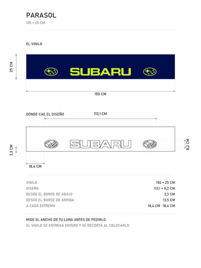 Lamina de medidas del parasol Subaru azul con el lettering en verde lima y el ovalo de las Pleyades a cada lado: el vinilo de 150 x 25 cm, donde cae el diseño dentro de la tira y la tabla de medidas, de MOA-Grafics.
