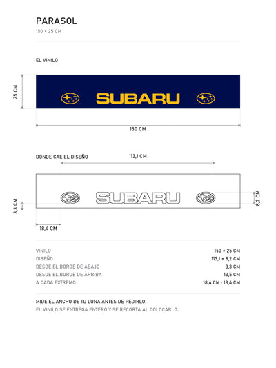 Lamina de medidas del parasol Subaru azul con el lettering en naranja y el ovalo de las Pleyades a cada lado: el vinilo de 150 x 25 cm, donde cae el diseño dentro de la tira y la tabla de medidas, de MOA-Grafics.