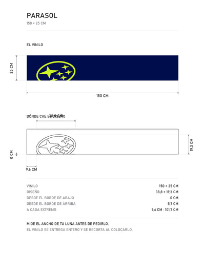Lamina de medidas del parasol Subaru azul con el ovalo de las Pleyades en verde lima, grande y a la izquierda: el vinilo de 150 x 25 cm, donde cae el diseño dentro de la tira y la tabla de medidas, de MOA-Grafics.