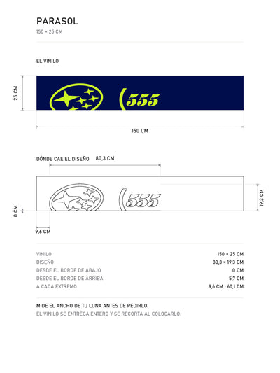 Lamina de medidas del parasol Subaru azul con el ovalo de las Pleyades a la izquierda y el 555 a su derecha, en verde lima: el vinilo de 150 x 25 cm, donde cae el diseño dentro de la tira y la tabla de medidas, de MOA-Grafics.