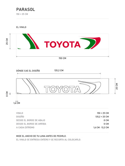 Lamina de medidas del parasol Toyota · Etapa Castrol: el vinilo de 150 x 25 cm, donde cae el diseño dentro de la tira y la tabla de medidas, de MOA-Grafics.