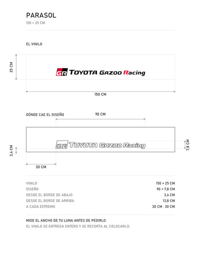 Lamina de medidas del parasol Toyota · Programas Modernos: el vinilo de 150 x 25 cm, donde cae el diseño dentro de la tira y la tabla de medidas, de MOA-Grafics.