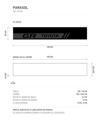 Lamina de medidas del parasol Toyota GR · Logo de las Dos Letras: el vinilo de 150 x 25 cm, donde cae el diseño dentro de la tira y la tabla de medidas, de MOA-Grafics.