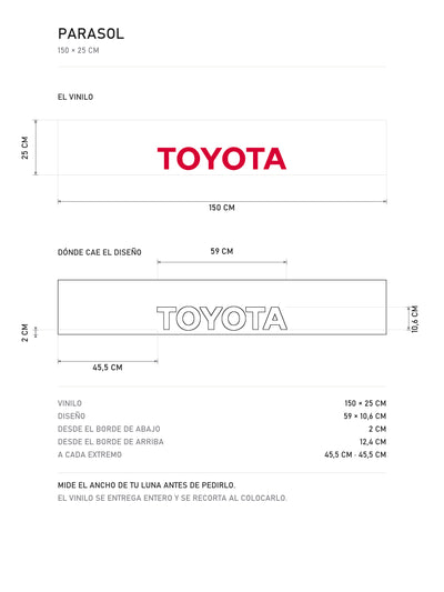 Lamina de medidas del parasol Toyota · Emblema Tres Óvalos: el vinilo de 150 x 25 cm, donde cae el diseño dentro de la tira y la tabla de medidas, de MOA-Grafics.