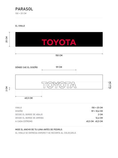 Lamina de medidas del parasol Toyota · Emblema Tres Óvalos: el vinilo de 150 x 25 cm, donde cae el diseño dentro de la tira y la tabla de medidas, de MOA-Grafics.