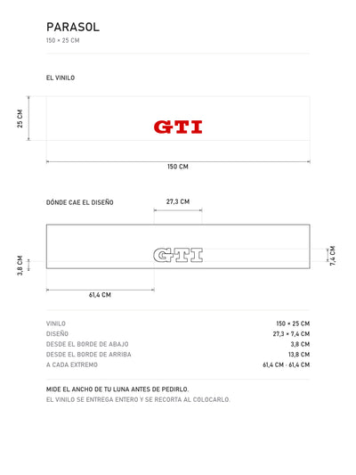 Lamina de medidas del parasol Volkswagen · Tres Letras GTI: el vinilo de 150 x 25 cm, donde cae el diseño dentro de la tira y la tabla de medidas, de MOA-Grafics.