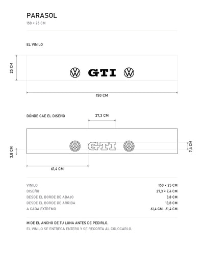 Lamina de medidas del parasol Volkswagen · Sigla y Matriz: el vinilo de 150 x 25 cm, donde cae el diseño dentro de la tira y la tabla de medidas, de MOA-Grafics.