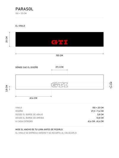 Lamina de medidas del parasol Volkswagen · Tres Letras GTI: el vinilo de 150 x 25 cm, donde cae el diseño dentro de la tira y la tabla de medidas, de MOA-Grafics.