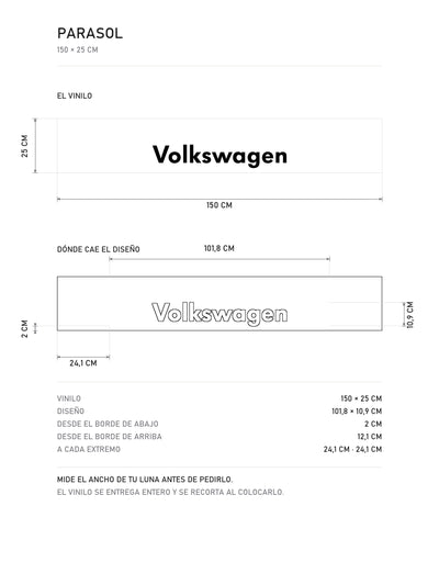 Lamina de medidas del parasol Volkswagen · Nombre entre Dos Emblemas: el vinilo de 150 x 25 cm, donde cae el diseño dentro de la tira y la tabla de medidas, de MOA-Grafics.
