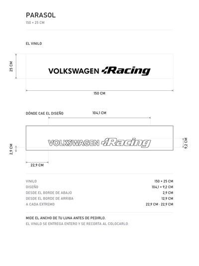 Lamina de medidas del parasol Volkswagen · Programa Rally: el vinilo de 150 x 25 cm, donde cae el diseño dentro de la tira y la tabla de medidas, de MOA-Grafics.