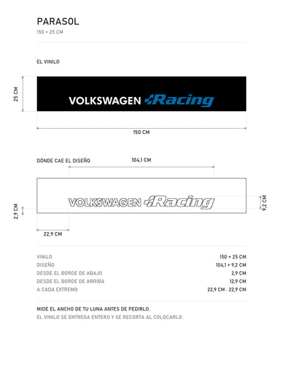 Lamina de medidas del parasol Volkswagen · Programa Rally: el vinilo de 150 x 25 cm, donde cae el diseño dentro de la tira y la tabla de medidas, de MOA-Grafics.