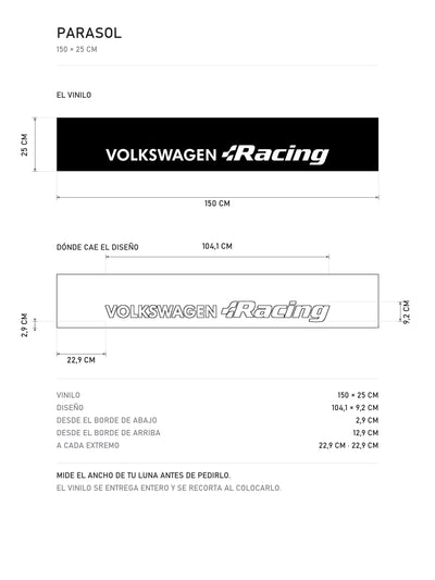 Lamina de medidas del parasol Volkswagen · Programa Rally: el vinilo de 150 x 25 cm, donde cae el diseño dentro de la tira y la tabla de medidas, de MOA-Grafics.