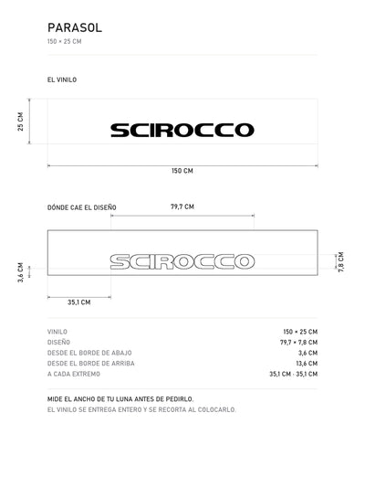 Lamina de medidas del parasol Volkswagen · Nombre Scirocco: el vinilo de 150 x 25 cm, donde cae el diseño dentro de la tira y la tabla de medidas, de MOA-Grafics.
