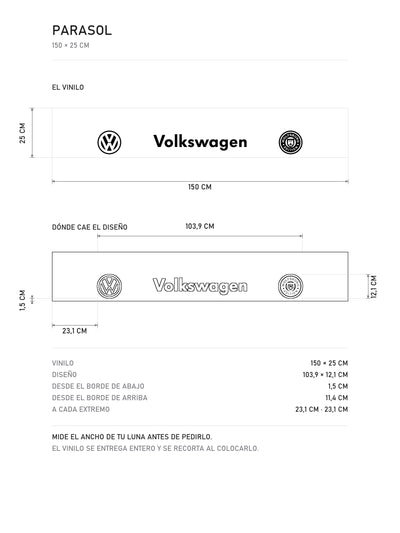 Lamina de medidas del parasol Volkswagen · Sello Wolfsburg: el vinilo de 150 x 25 cm, donde cae el diseño dentro de la tira y la tabla de medidas, de MOA-Grafics.