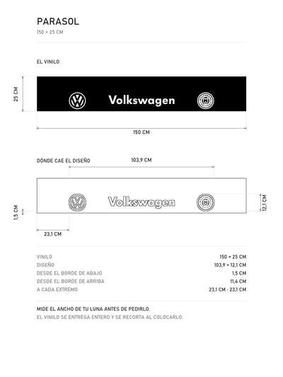 Lamina de medidas del parasol Volkswagen · Sello Wolfsburg: el vinilo de 150 x 25 cm, donde cae el diseño dentro de la tira y la tabla de medidas, de MOA-Grafics.