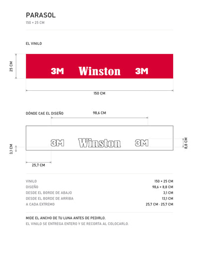 Lamina de medidas del parasol Winston · Legado de Competición: el vinilo de 150 x 25 cm, donde cae el diseño dentro de la tira y la tabla de medidas, de MOA-Grafics.