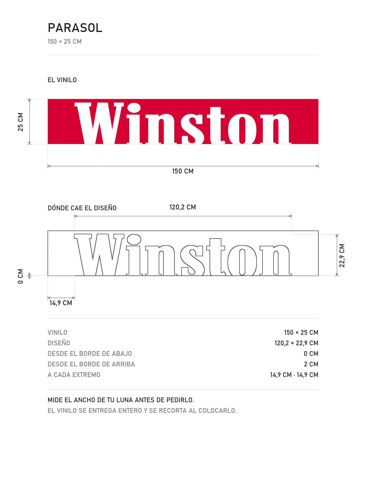 Lamina de medidas del parasol Winston · Inspiración Competición Clásica: el vinilo de 150 x 25 cm, donde cae el diseño dentro de la tira y la tabla de medidas, de MOA-Grafics.