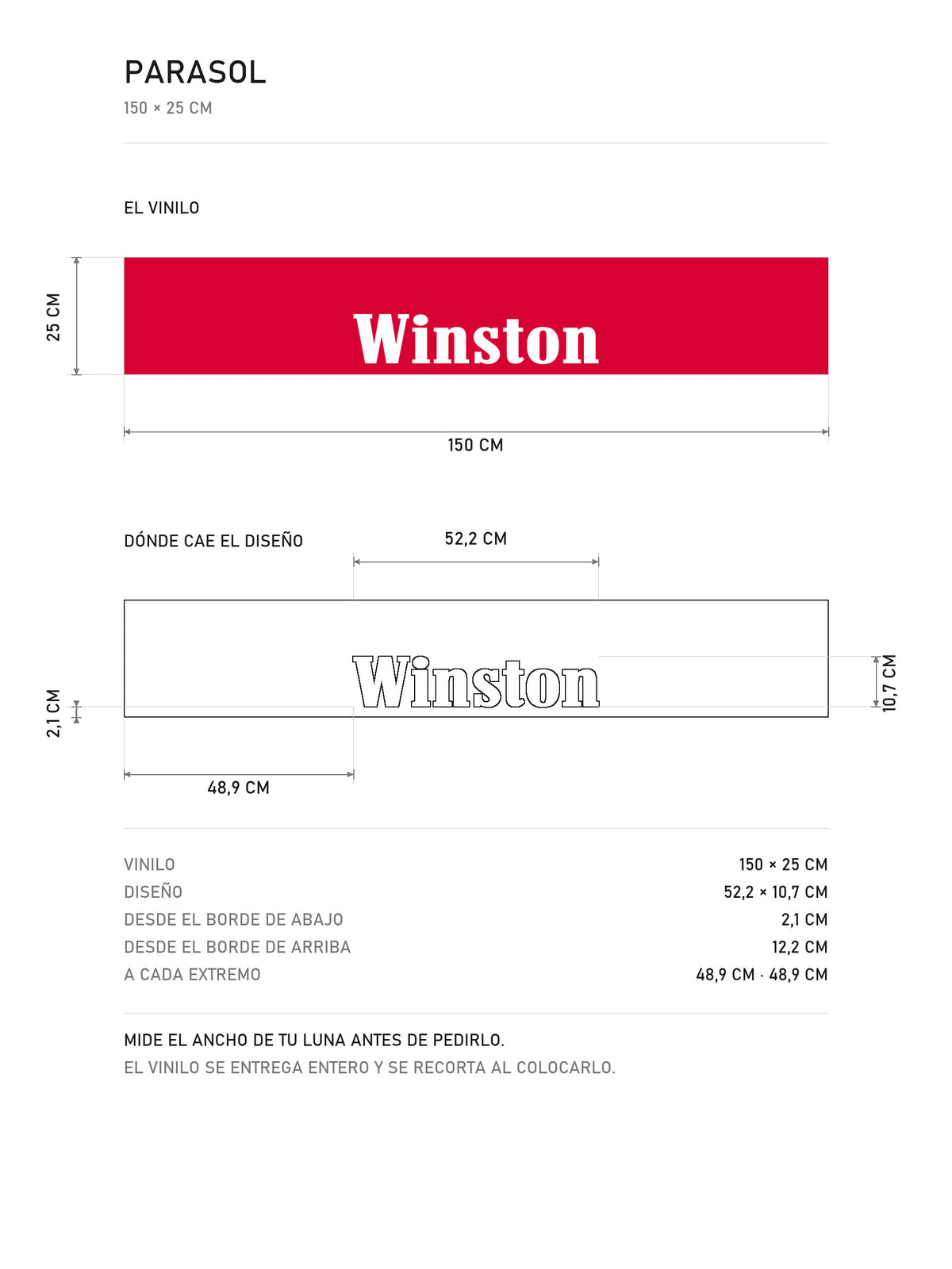 Lamina de medidas del parasol Winston · Estilo Clásico Racing: el vinilo de 150 x 25 cm, donde cae el diseño dentro de la tira y la tabla de medidas, de MOA-Grafics.