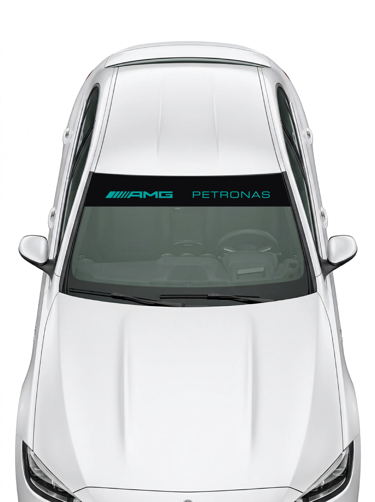 Coche con el parasol de vinilo Mercedes-AMG Petronas negro con el lettering AMG PETRONAS en turquesa instalado en el parabrisas