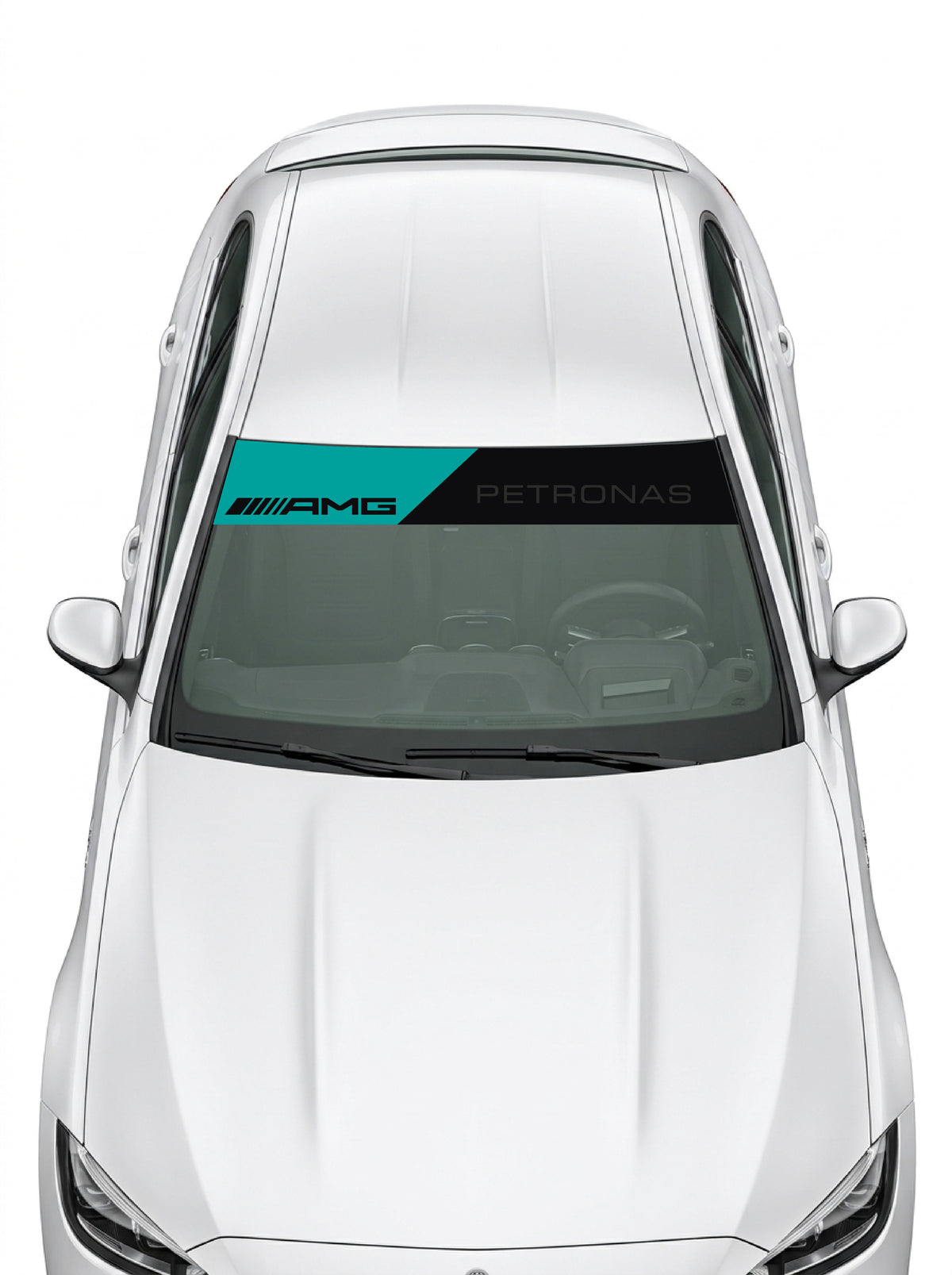 Coche con el parasol de vinilo Mercedes-AMG Petronas con la librea turquesa y el lettering AMG PETRONAS instalado en el parabrisas