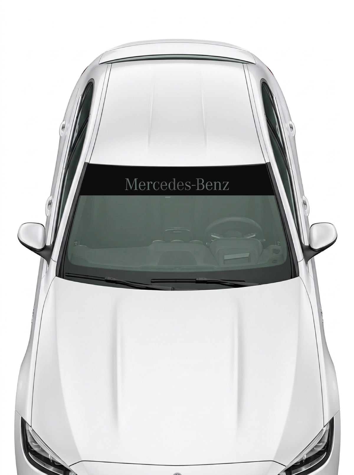 Coche con el parasol de vinilo Mercedes-Benz negro con el lettering Mercedes-Benz en gris instalado en el parabrisas