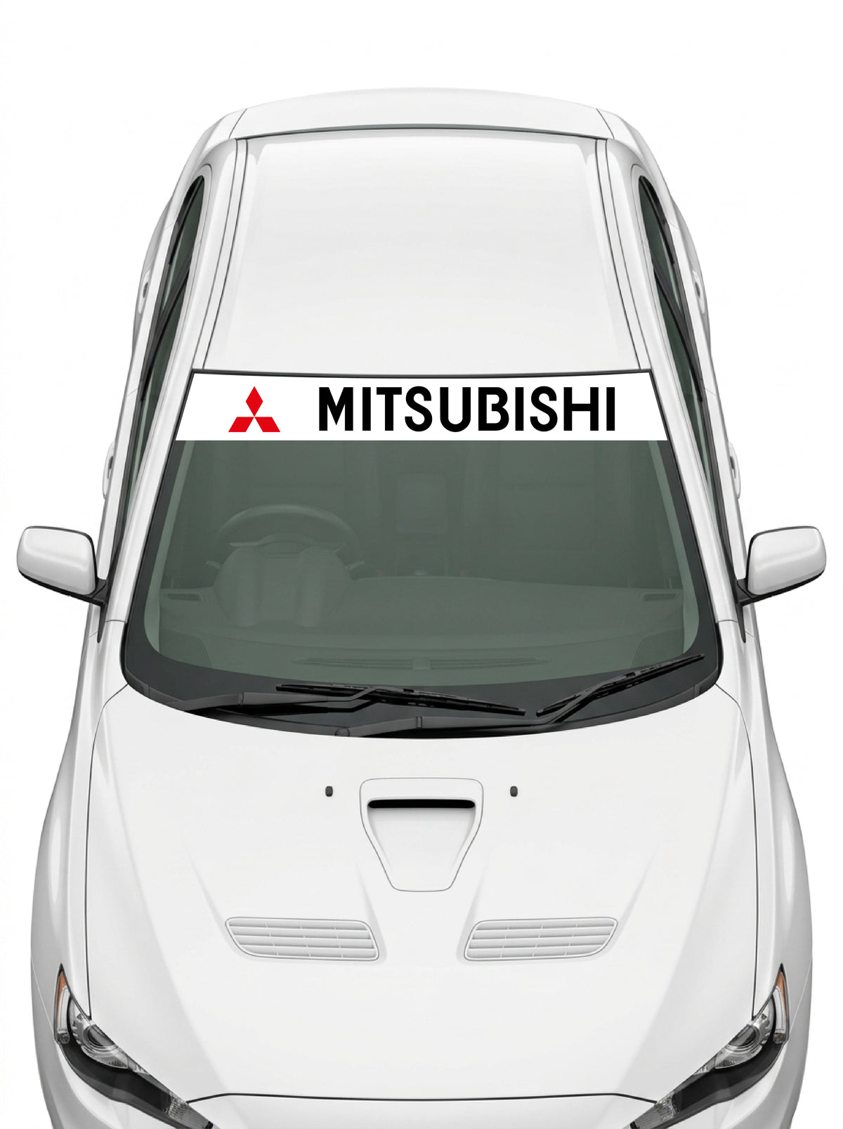 Coche con el parasol de vinilo Mitsubishi blanco con el emblema de tres diamantes y el lettering MITSUBISHI en negro instalado en el parabrisas