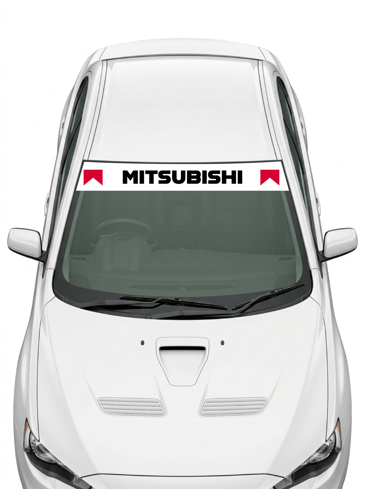 Coche con el parasol de vinilo Mitsubishi blanco con el lettering MITSUBISHI en negro y los banderines rojos de la livrea de rally instalado en el parabrisas