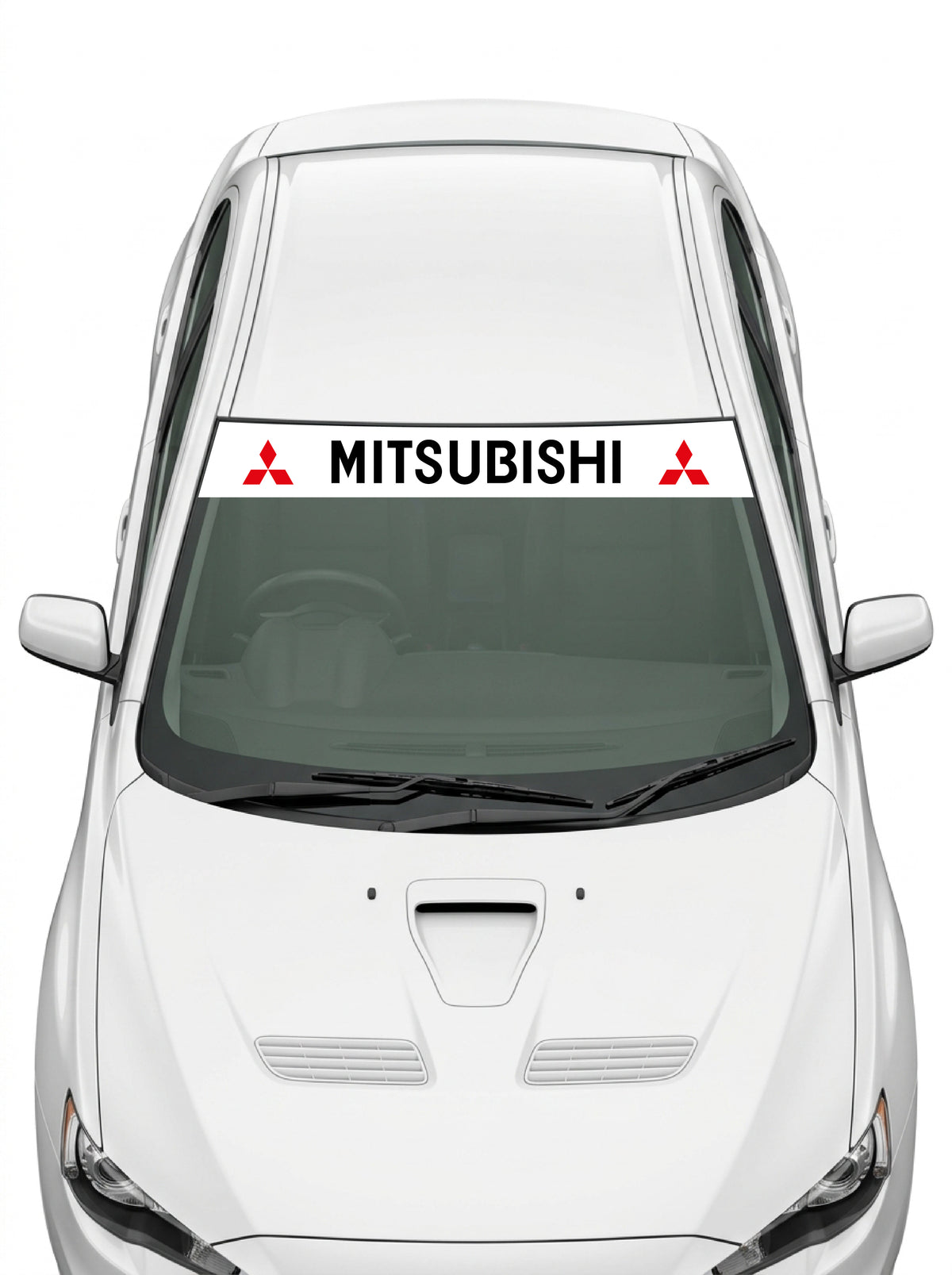 Coche con el parasol de vinilo Mitsubishi blanco con el lettering MITSUBISHI en negro y un emblema de tres diamantes a cada lado instalado en el parabrisas