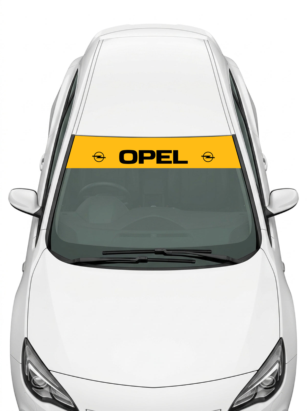 Coche con el parasol de vinilo Opel amarillo con el lettering OPEL en negro y el emblema Blitz a cada lado instalado en el parabrisas