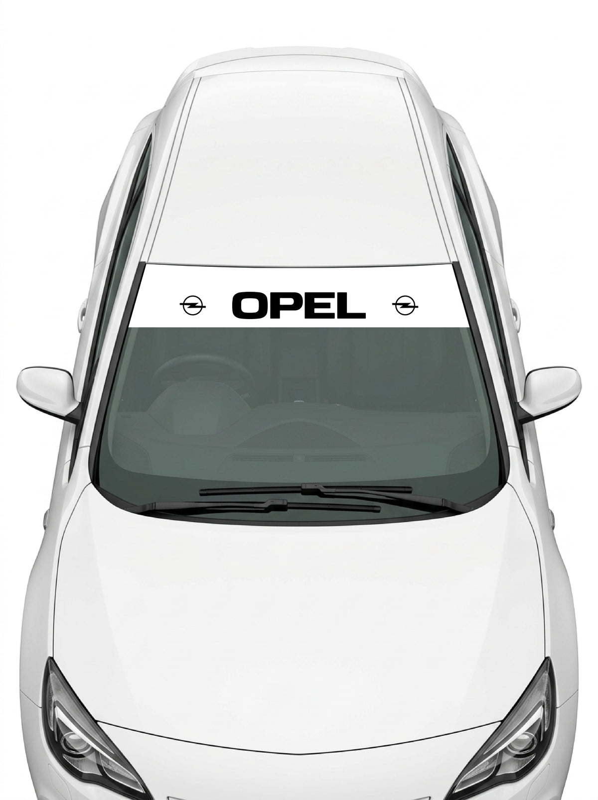 Coche con el parasol de vinilo Opel blanco con el lettering OPEL en negro y el emblema Blitz a cada lado instalado en el parabrisas