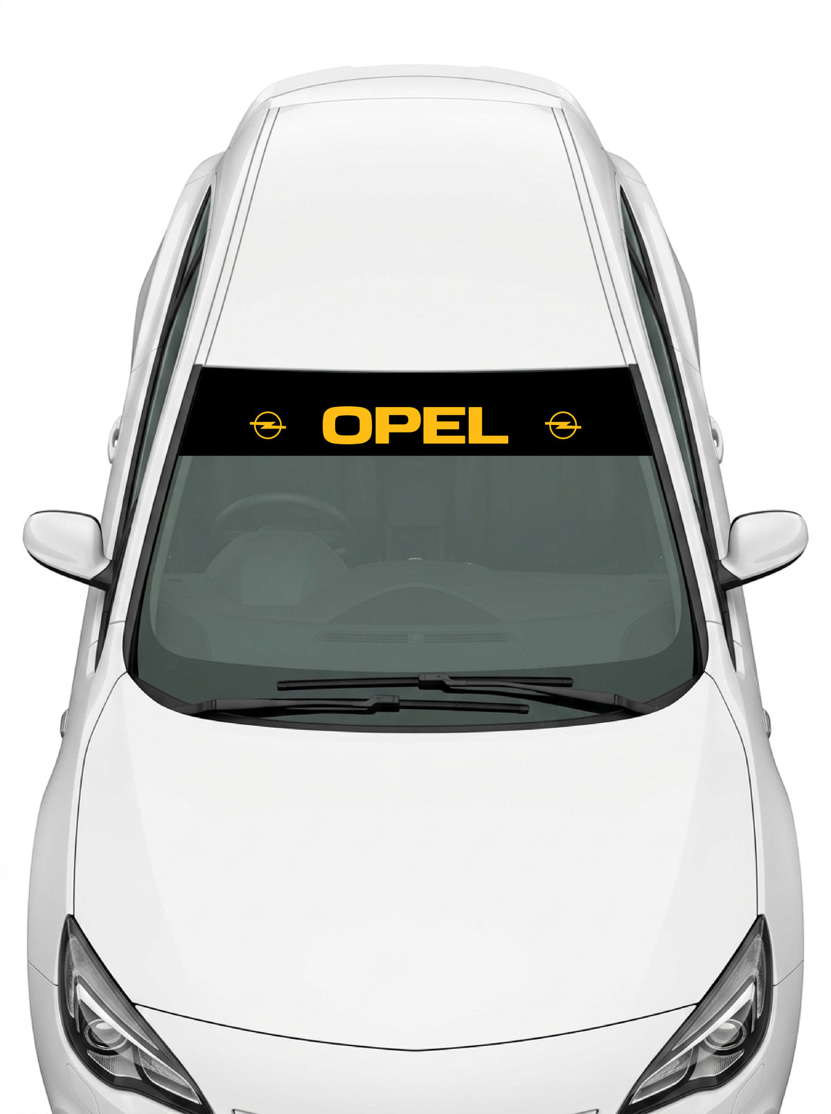 Coche con el parasol de vinilo Opel negro con el lettering OPEL en amarillo y el emblema Blitz a cada lado instalado en el parabrisas