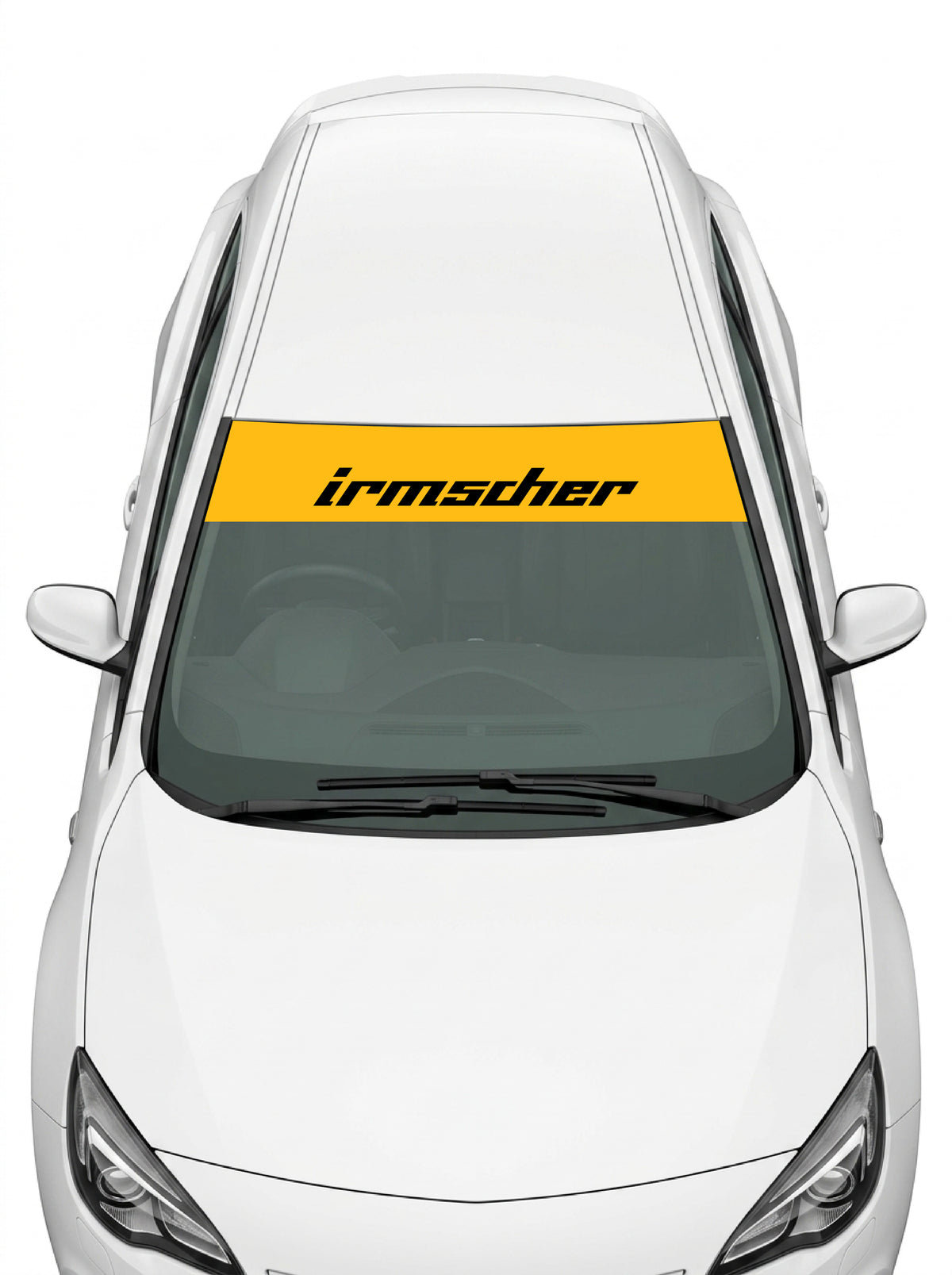 Coche con el parasol de vinilo Opel Irmscher amarillo con el lettering irmscher en negro instalado en el parabrisas