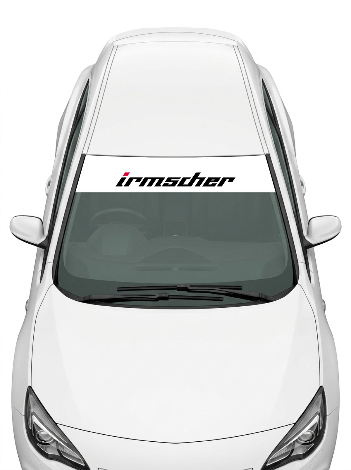 Coche con el parasol de vinilo Opel Irmscher blanco con el lettering irmscher en negro instalado en el parabrisas