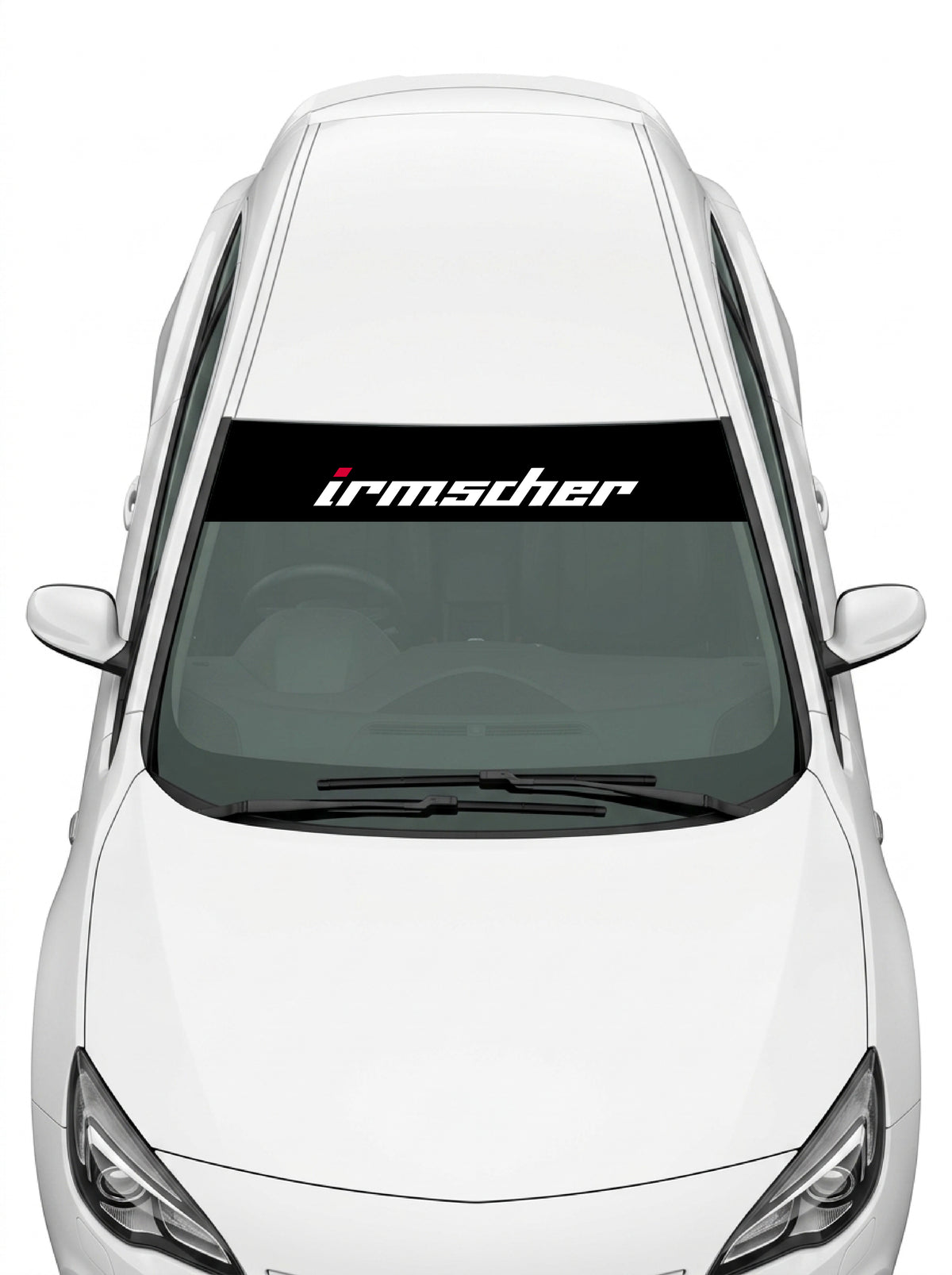 Coche con el parasol de vinilo Opel Irmscher negro con el lettering irmscher en blanco instalado en el parabrisas
