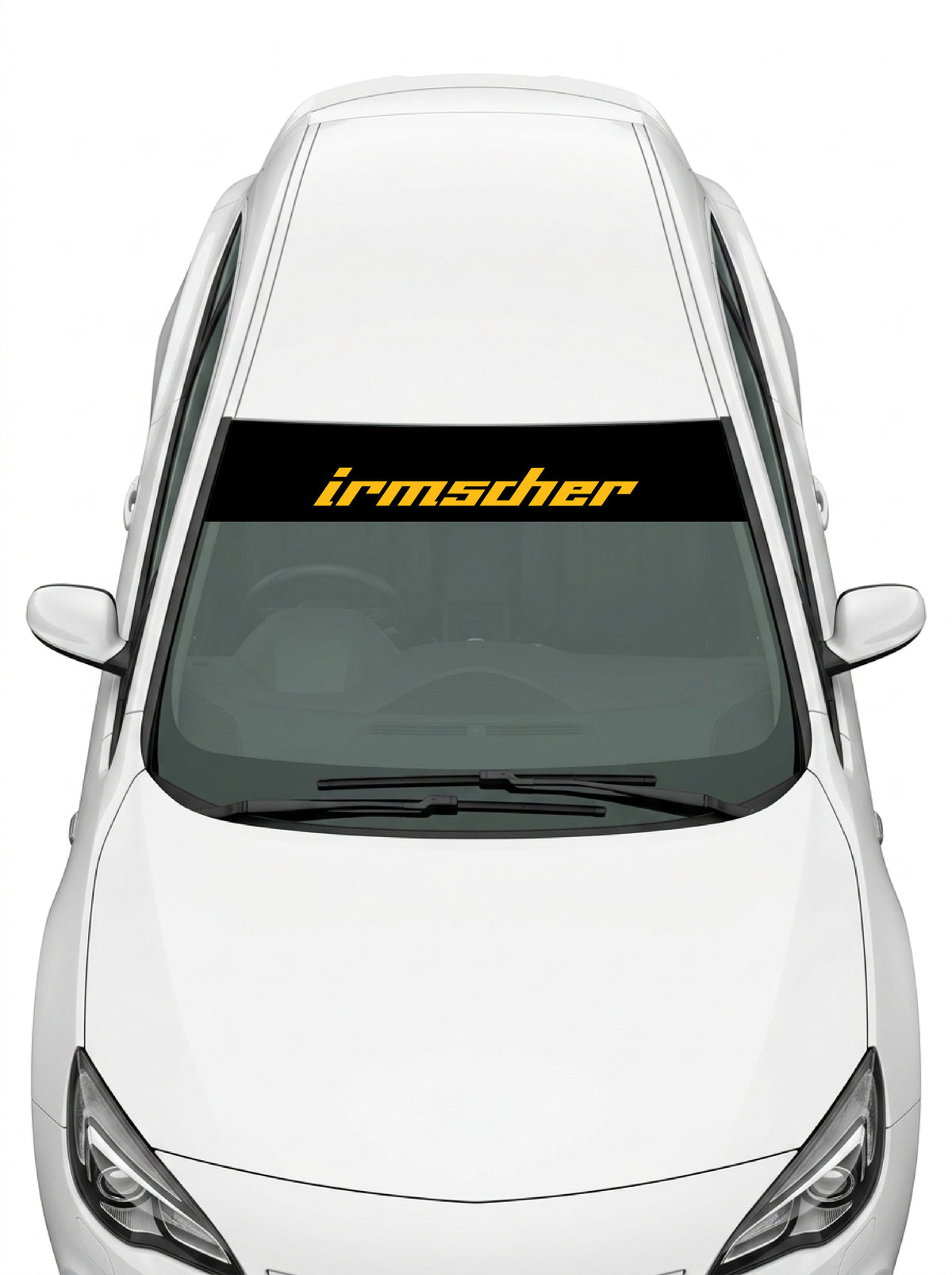 Coche con el parasol de vinilo Opel Irmscher negro con el lettering irmscher en amarillo instalado en el parabrisas