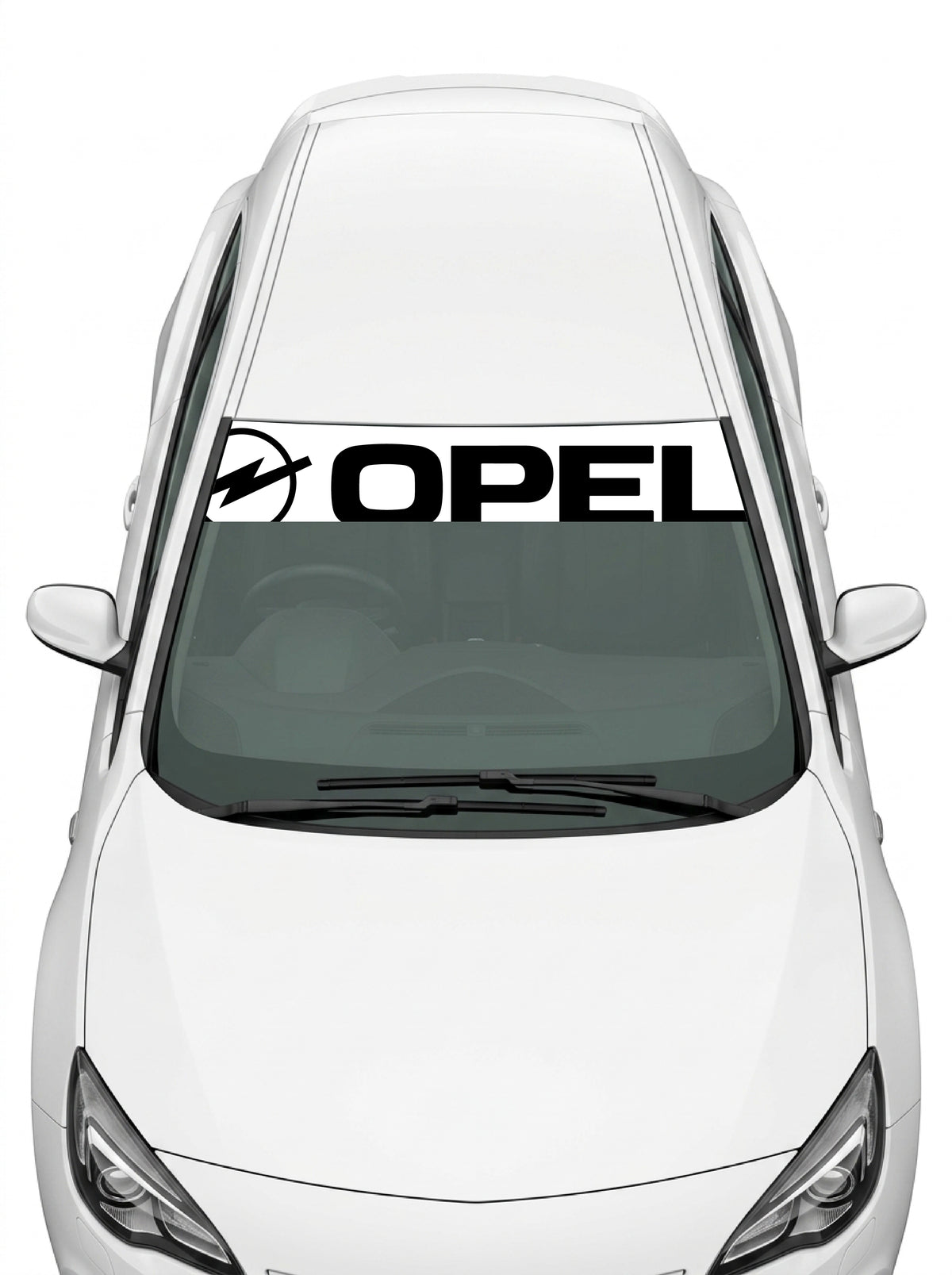 Coche con el parasol de vinilo Opel blanco con el rayo y el lettering OPEL inclinados en negro instalado en el parabrisas